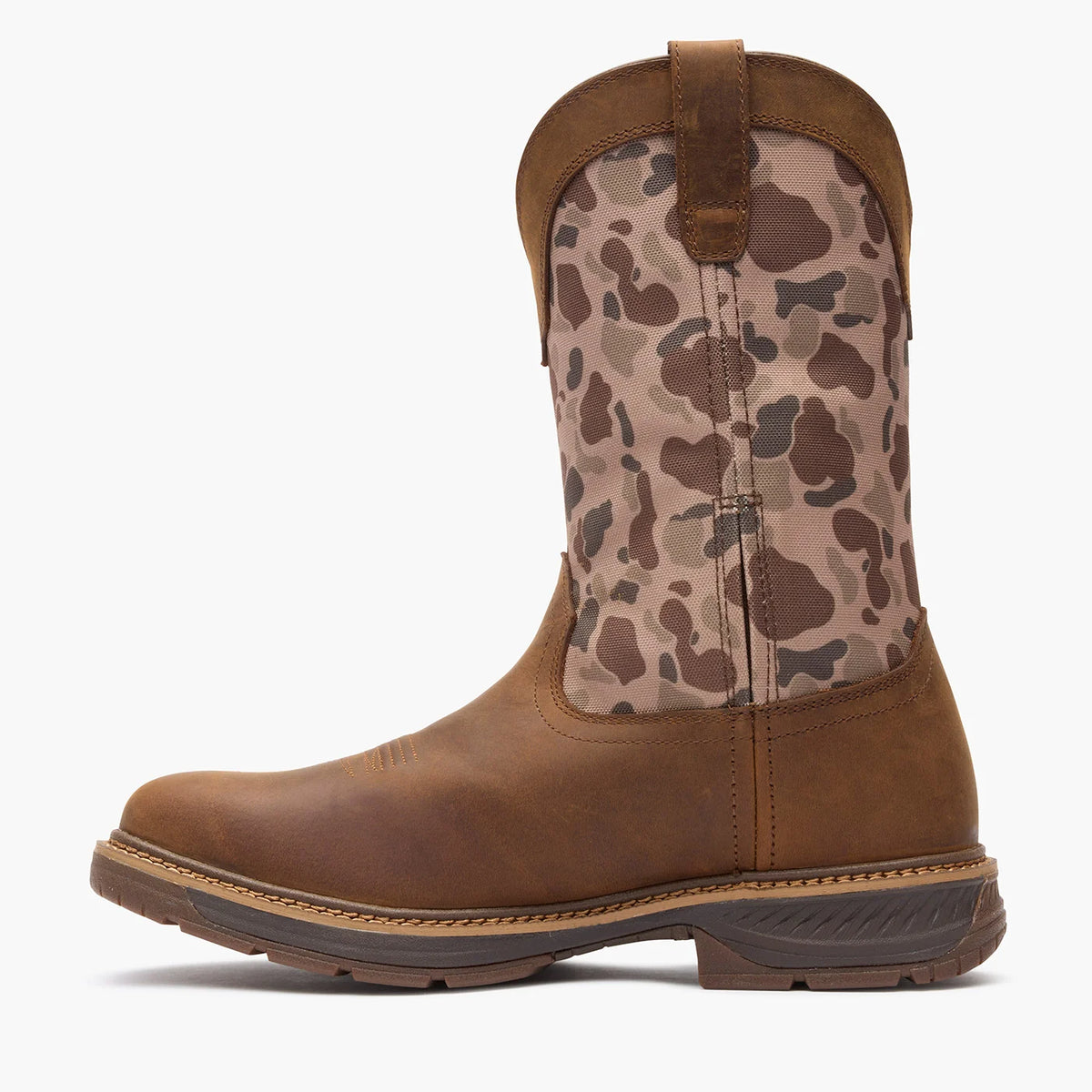 camo brown leather men's boot -side profile