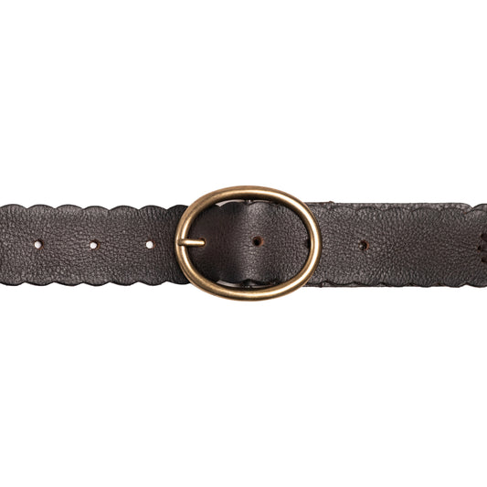 Silver Scallop Edge Dark Brown Genuine Leather Belt