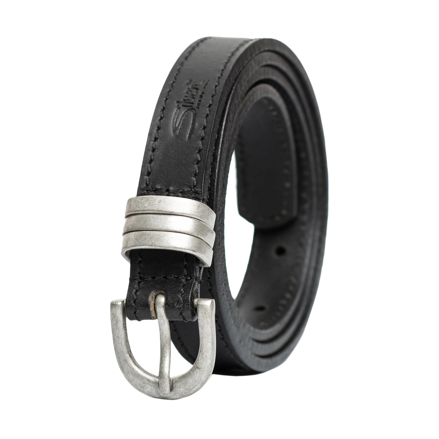 Silver Genuine Leather Black Belt With Antique Nickel Finish Buckle