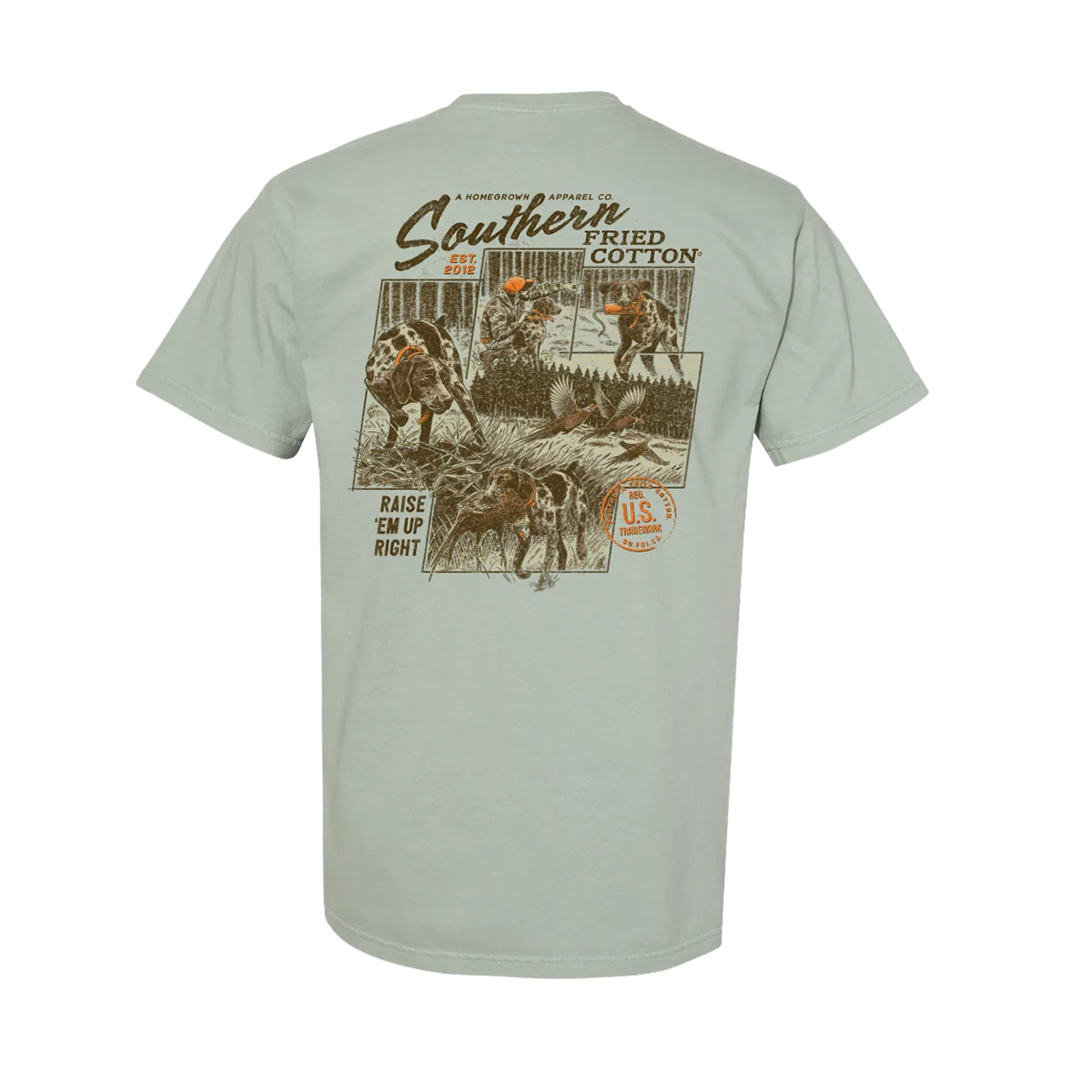 A sage green short-sleeve t-shirt shown from the back, featuring a large vintage-style graphic print with illustrations of a dog, along with text reading 'Southern Fried Cotton' and 'Raise 'Em Up Right'.