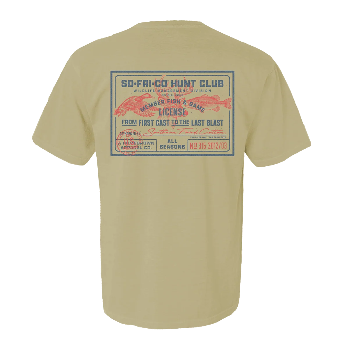 A beige short-sleeve t-shirt shown from the back, featuring a large vintage-style fishing license graphic printed in blue and red on the center back.