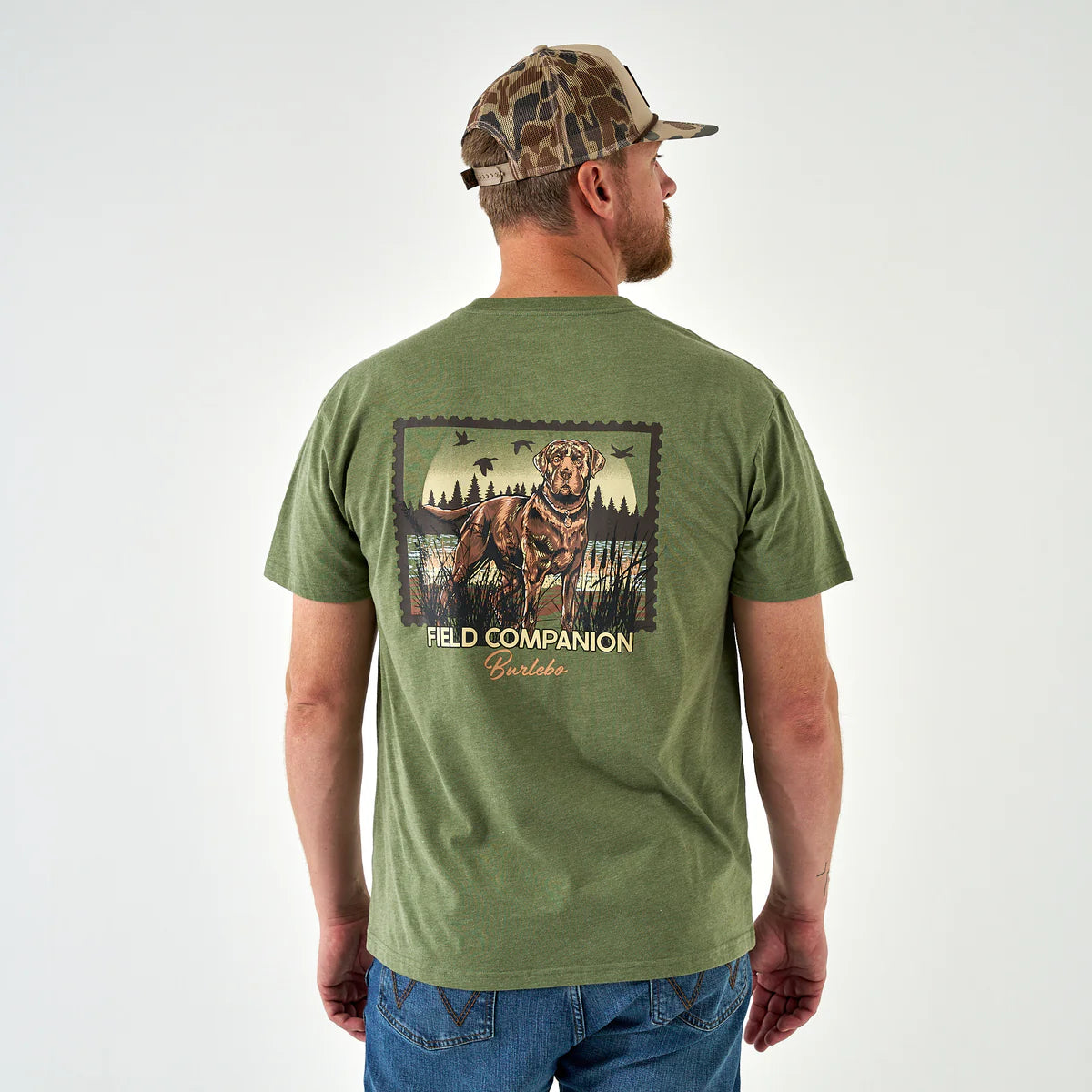 Men's Burlebo Duck Dog Stamp Heather Olive Tee