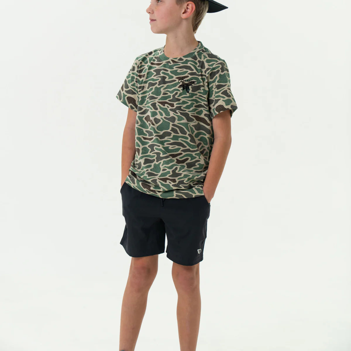 Burlebo Youth Heather Black Athletic Short With Retro Duck Camo Liner