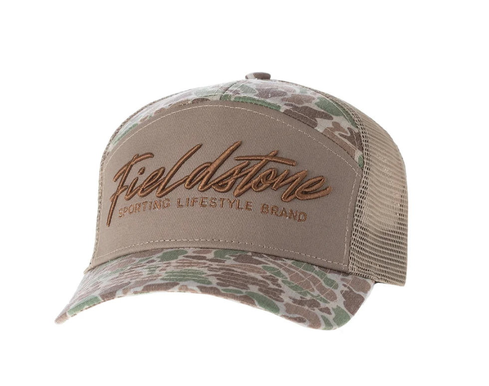 7 Panel Script Fieldstone Logo Camo Hat