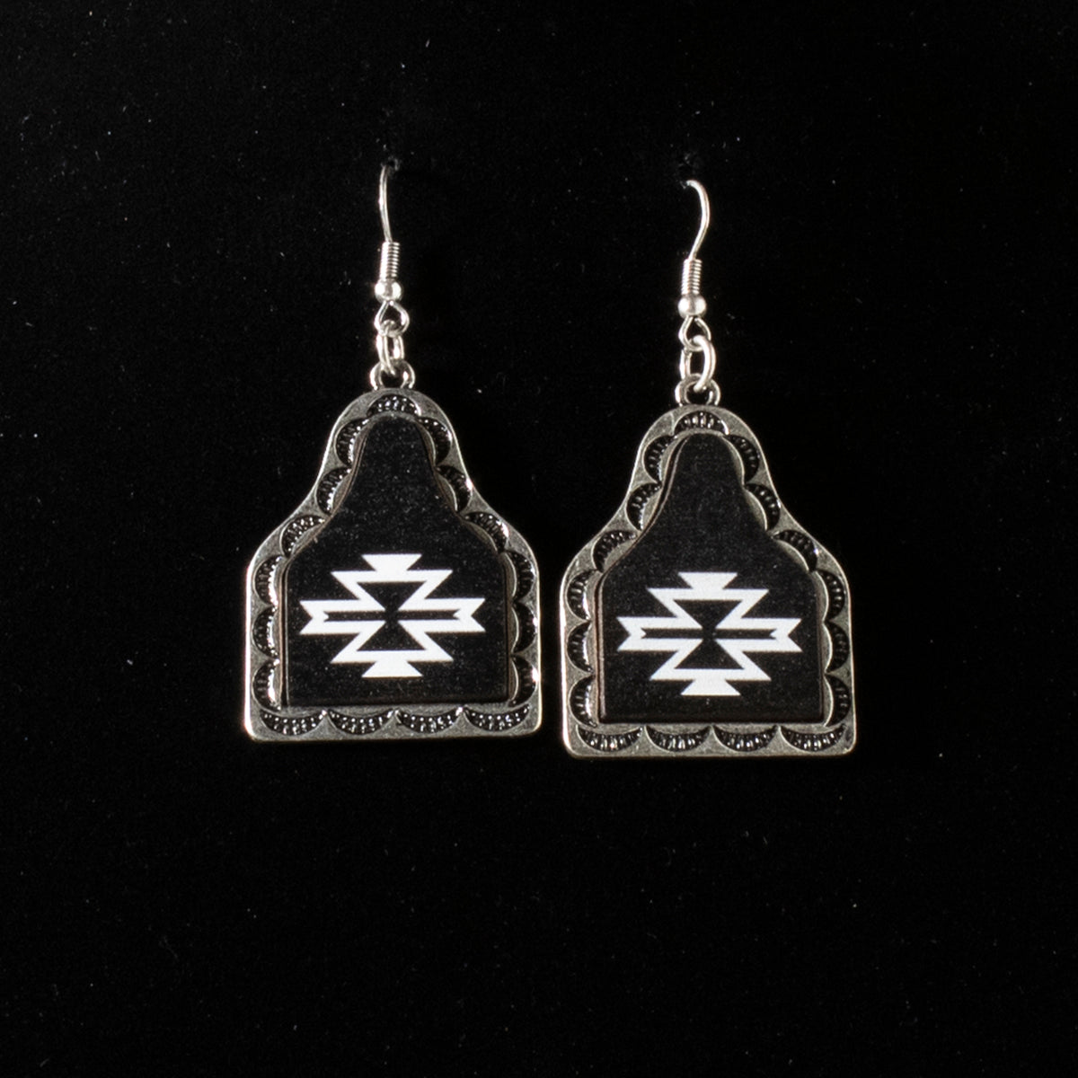 Silver Strike Ladies Cow Tag Dangle Black Earrings