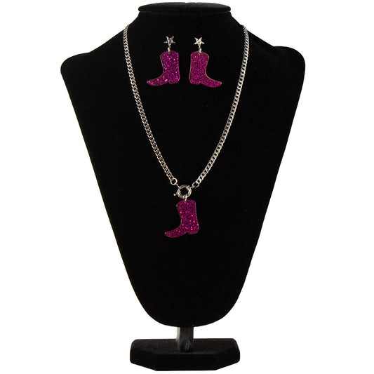 Silver Strike Ladies Glittery Cowgirl Boot Earring & Necklace Set- Hot Pink