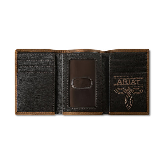 Ariat Men's Trifold Patchwork Embossed Brown Wallet