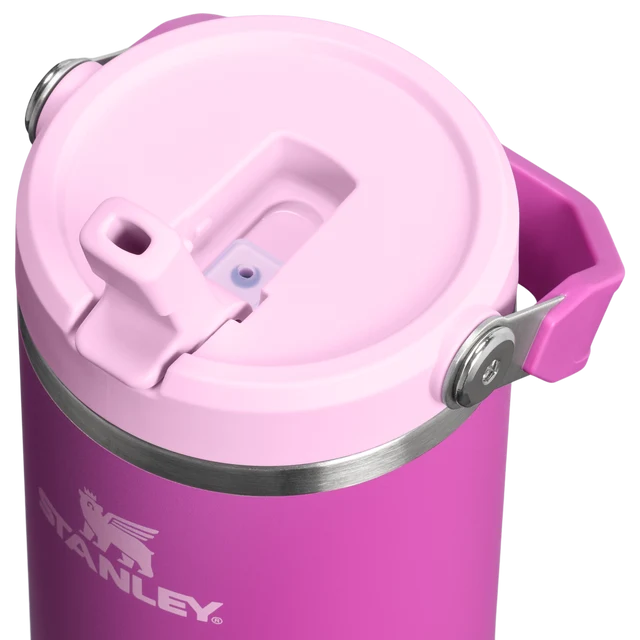 Stanley IceFlow Flip Straw Tumbler in Dark Blossom, close-up of pink flip straw lid