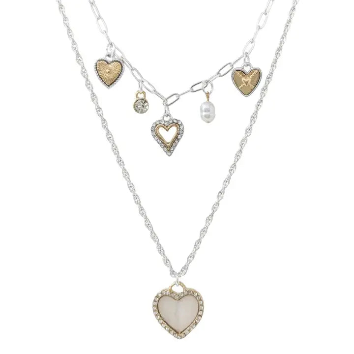 Silver Layered Multi Charm Heart Necklace