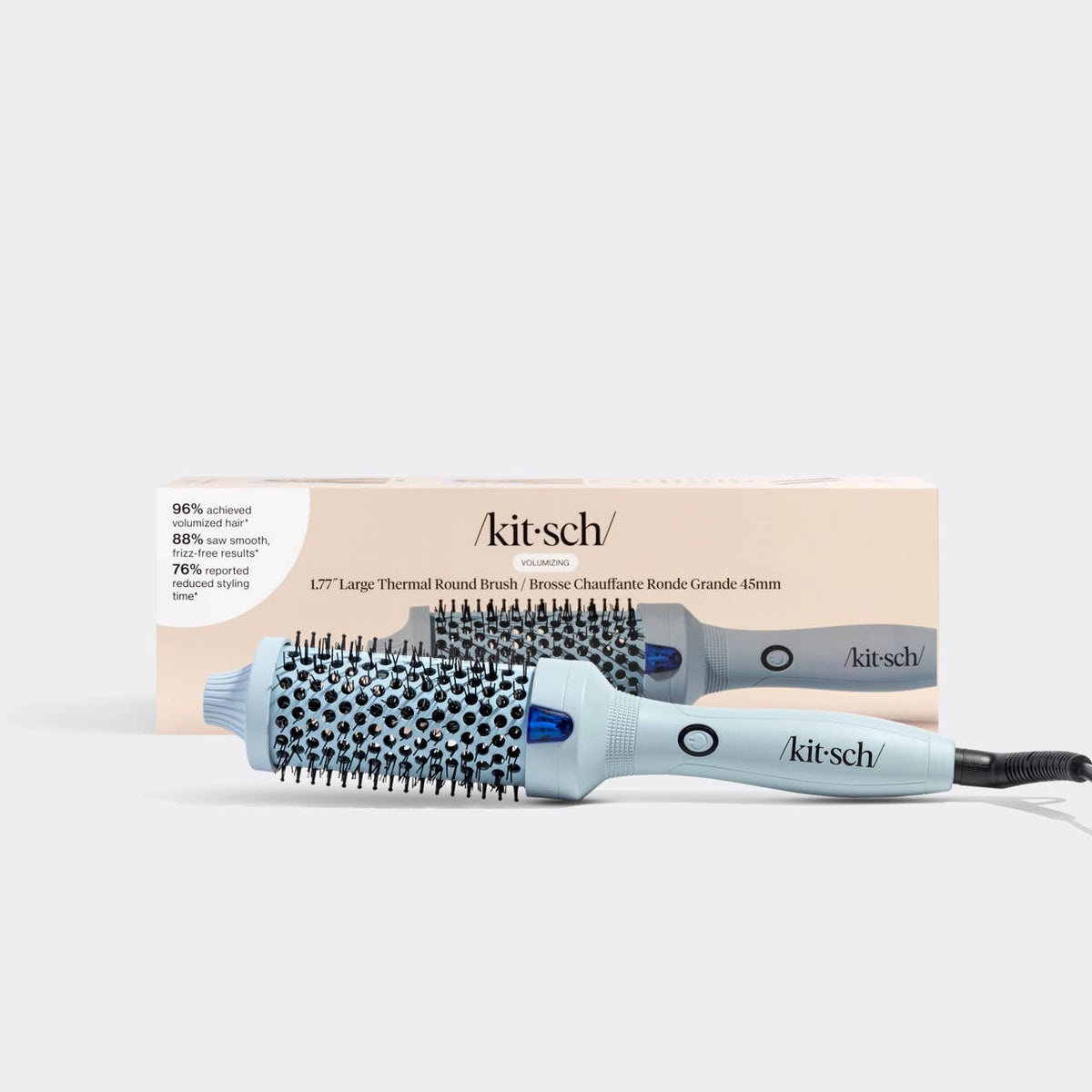 Kitsch large thermal round brush in haze blue, shown with its box