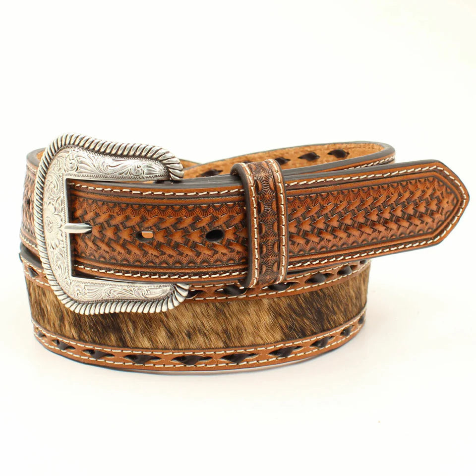 Nocona Men's Basketweave Belt With Brindle Calf Hair