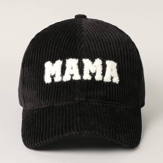 Mama Black Embroidered Corduroy Hat