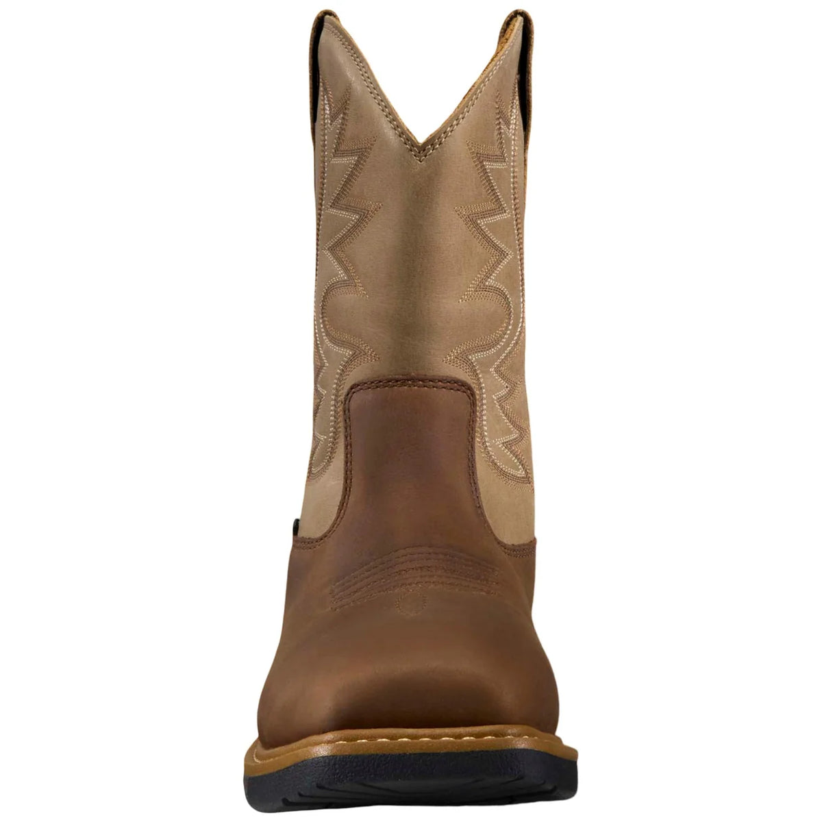 Carhartt Bandera brown and cream Wellington boot, front view of square toe