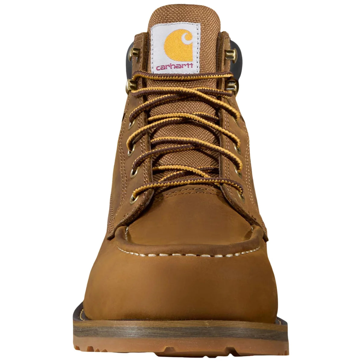 Front view of the Carhartt Grafton Moc Toe Boot showing the toe and logo tongue tag
