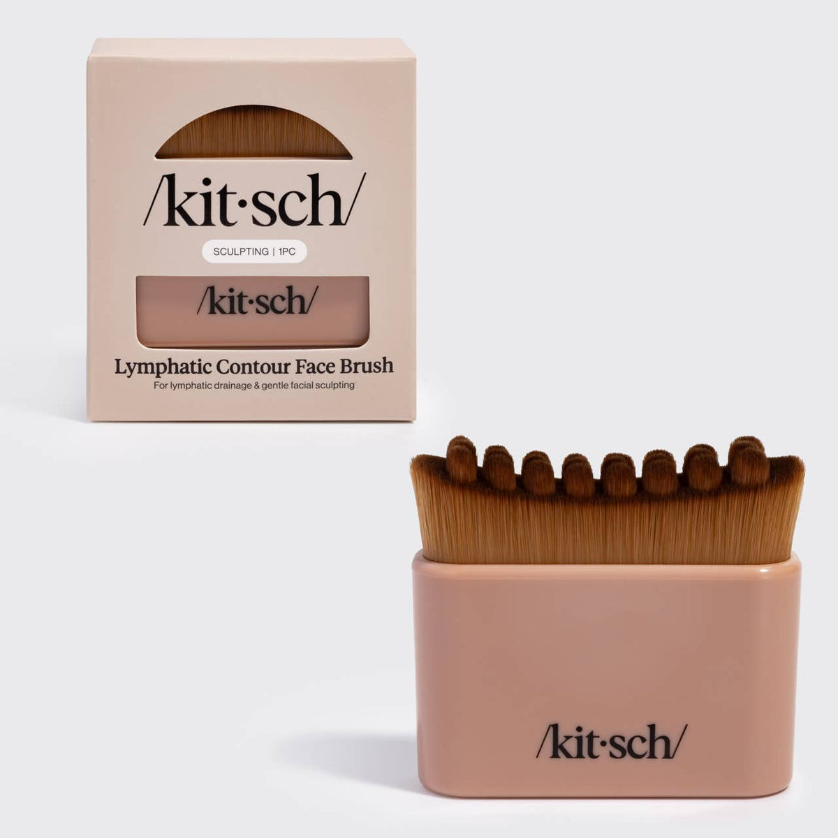 Kitsch Lymphatic Contour Face Brush in terracotta shown with its retail box