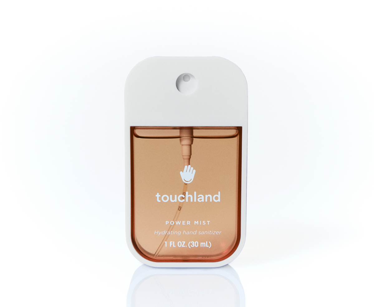 Touchland Salted Caramel Power Mist Hand Sanitizer, caramel brown 1 oz spray bottle, front view