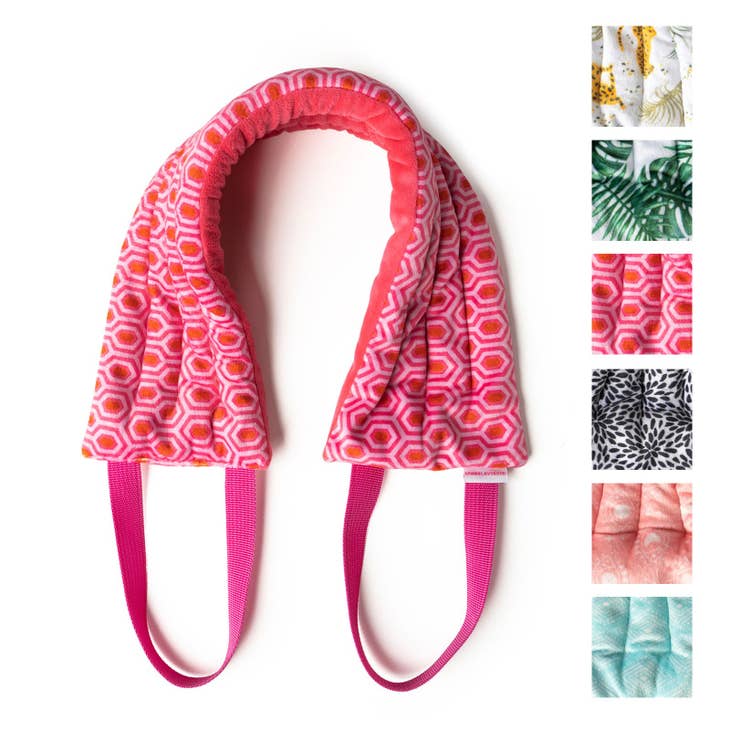Hot Stuff Heated Neck Wrap in hot pink with pink straps, plus swatches of other prints