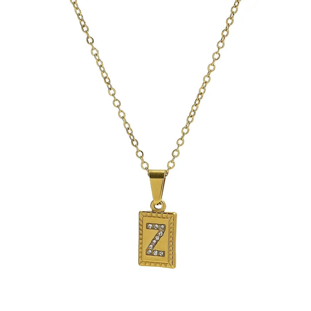 Waterproof Initial Gold CZ Tag Necklace - 26 Letters