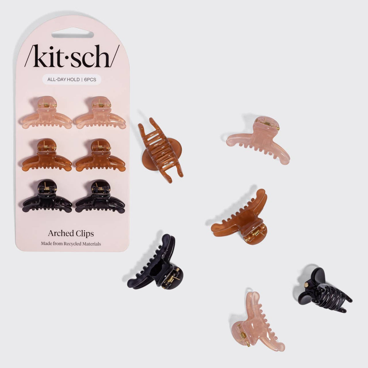 Recycled Plastic Mini Arched Clips 6pc Set - Soft Pink, Mocha and Black