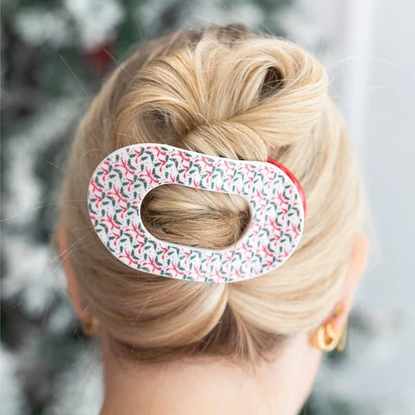 Teleties Festive Feels Large Flat Round Hair Clip holding a blonde twisted updo