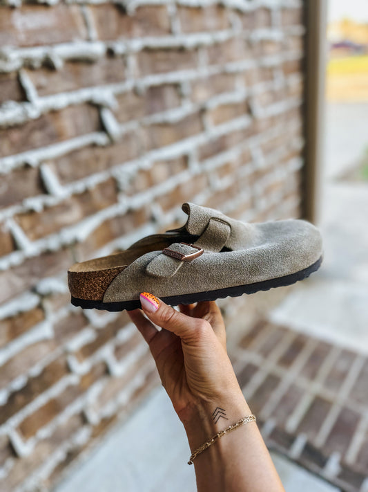 Boston Soft Footbed Taupe Suede Leather Slip On by Birkenstock