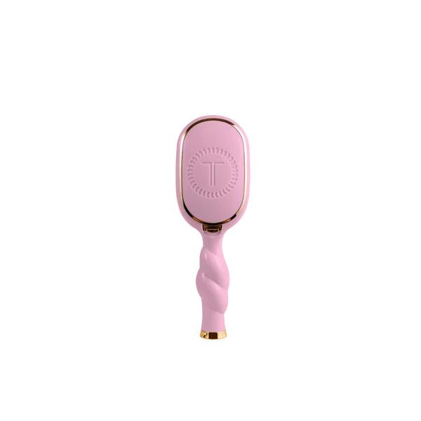 Teleties Mini Detangler Brush in Bubblegum Pink, back view with embossed logo