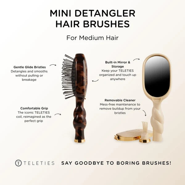 Teleties Mini Detangler Brush features graphic: mirror, cleaner, grip and bristles