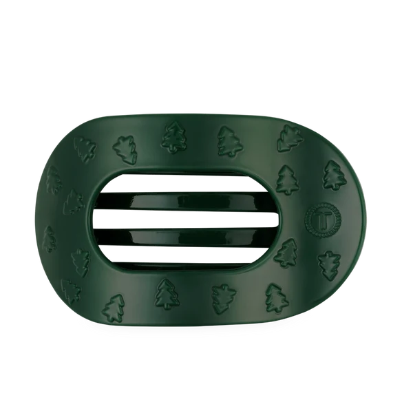Teleties O Christmas Tree Large Flat Round Hair Clip, green with embossed trees, front view