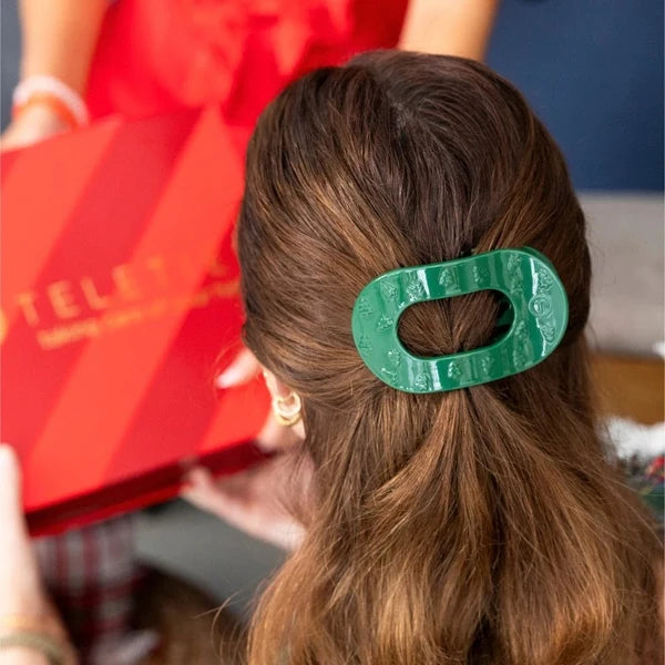 Teleties O Christmas Tree Medium Flat Round Hair Clip in green worn in half-up hair