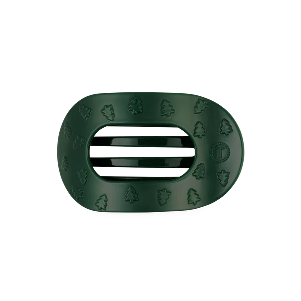 Teleties O Christmas Tree Medium Flat Round Hair Clip, green with embossed trees, front view