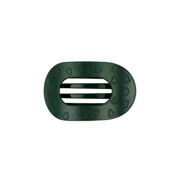Teleties O Christmas Tree Small Flat Round Hair Clip, green with embossed trees, front view