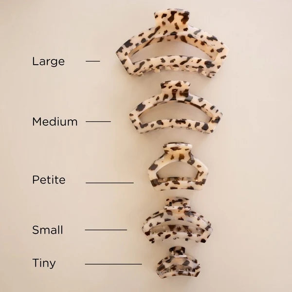Teleties Open Claw Clip size chart in blonde tortoise, from Tiny to Large