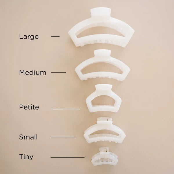 Teleties Open Claw Clip size chart in Coconut White, from Tiny to Large