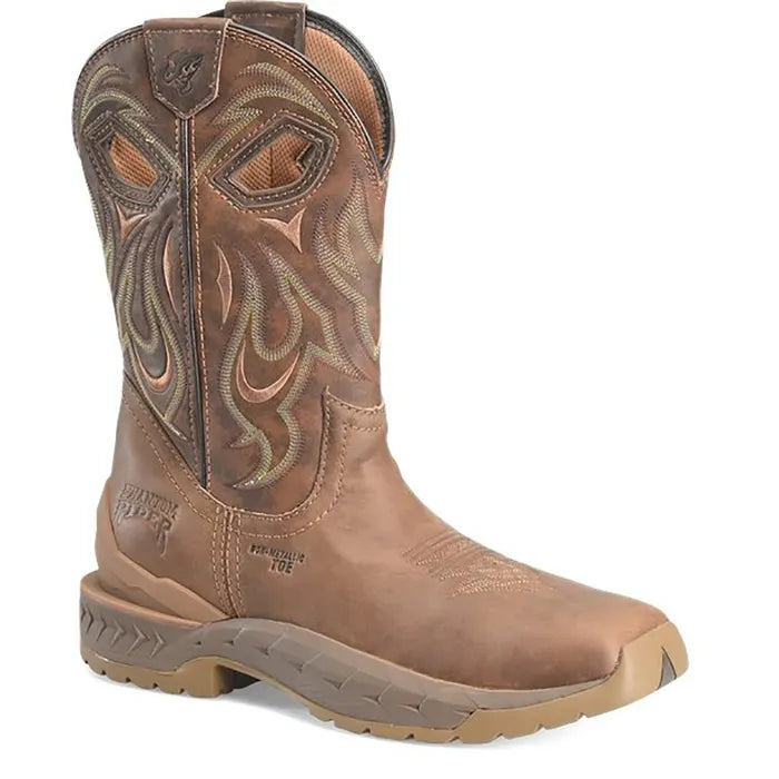 A brown leather western boot with decorative embroidered stitching on the shaft, a pull tab, and a rugged sole, shown against a plain white background.