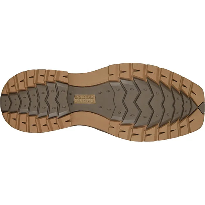 A top-down view of a brown rugged outsole, showing the tread pattern and a central embossed logo that reads 'PHANTOM SUPA'.