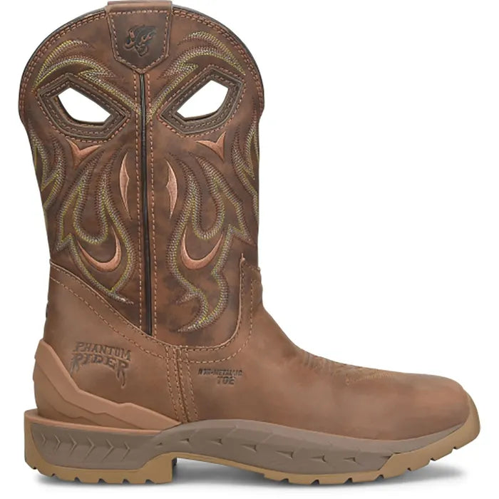 A brown leather western boot with decorative embroidered stitching, a cutout shaft design, and a rugged sole, shown against a plain white background.