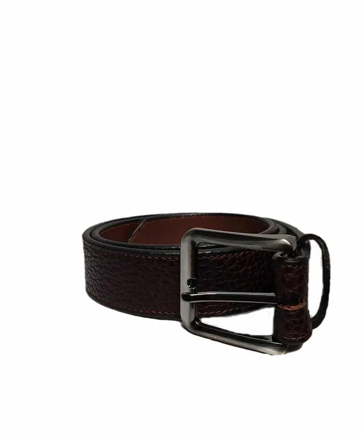A dark brown textured leather belt with a silver-tone metal buckle, coiled on a plain white background.