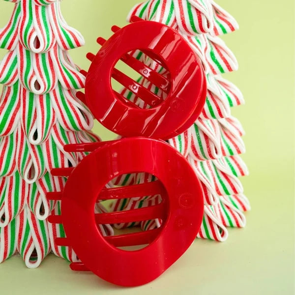 Two Teleties Large Flat Circle Hair Clips in Red Carpet Ready red with candy cane decor