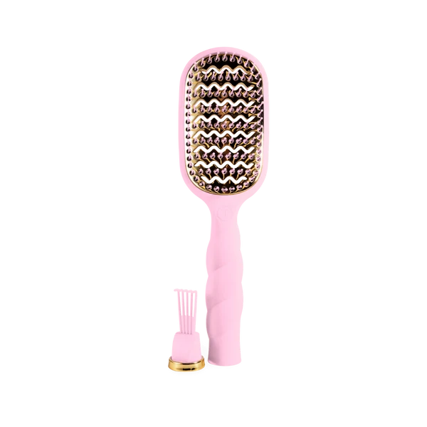 Teleties full size Vented Brush in Bubblegum Pink, bristle side with cleaning tool