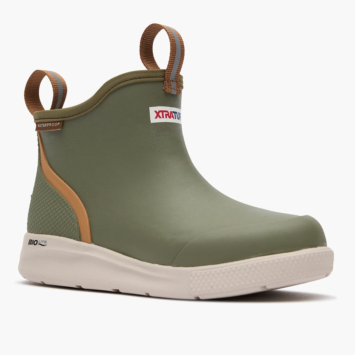 Side view of an olive XTRATUF Kids' Ankle Deck Boot Sport with brown trim, pull loops and a light-colored sole.
