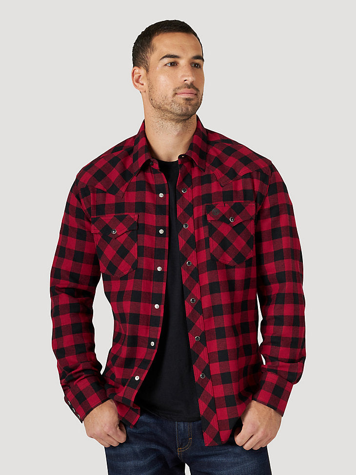 Wrangler Mens Retro Long Sleeve Plaid Snap Shirt Bold Red Size LT