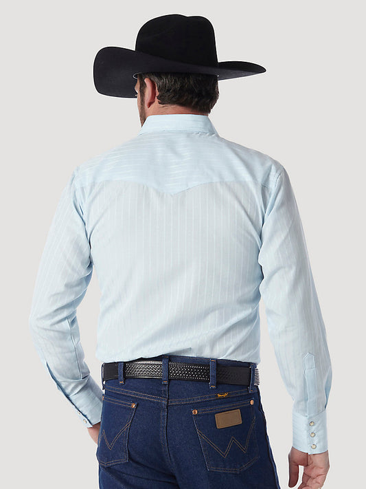Wrangler® Western Long Sleeve Western Snap Dobby Stripe Shirt in Blue
