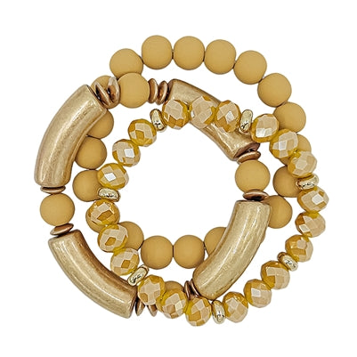 Mustard Clay, Gold, and Crystal Set of Three Stretch Bracelet