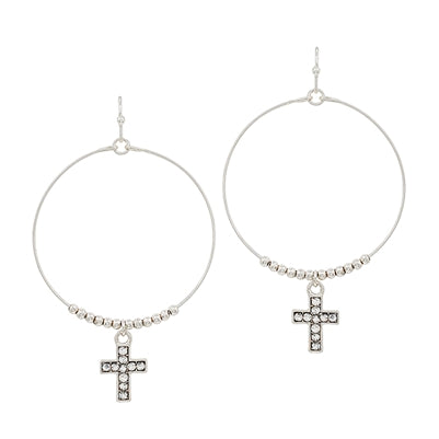 Silver Beaded Hoop with Crystal Cross Earring
