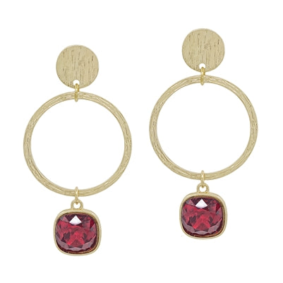 Worn Gold Open Circle with Stone Maroon Accent 2" Earring