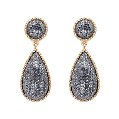 Hematite Pave Stone Two Drop Teardrop 1.75" Earring