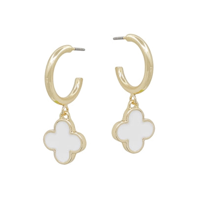 Gold Huggie Hoop with Small White Exopy Clover Earring