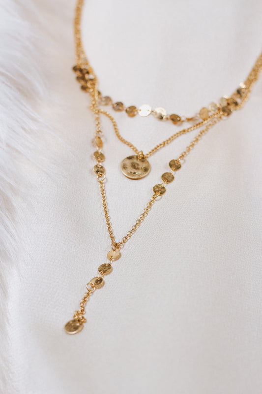 Multi Way Worn Gold Triple Layered Disk with Y Drop 16", 19", and 24" Necklace
