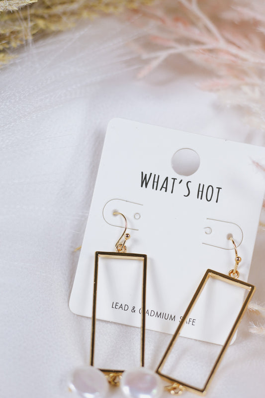Open Gold Rectangle with Freshwater Pearl Drop 2" Earring