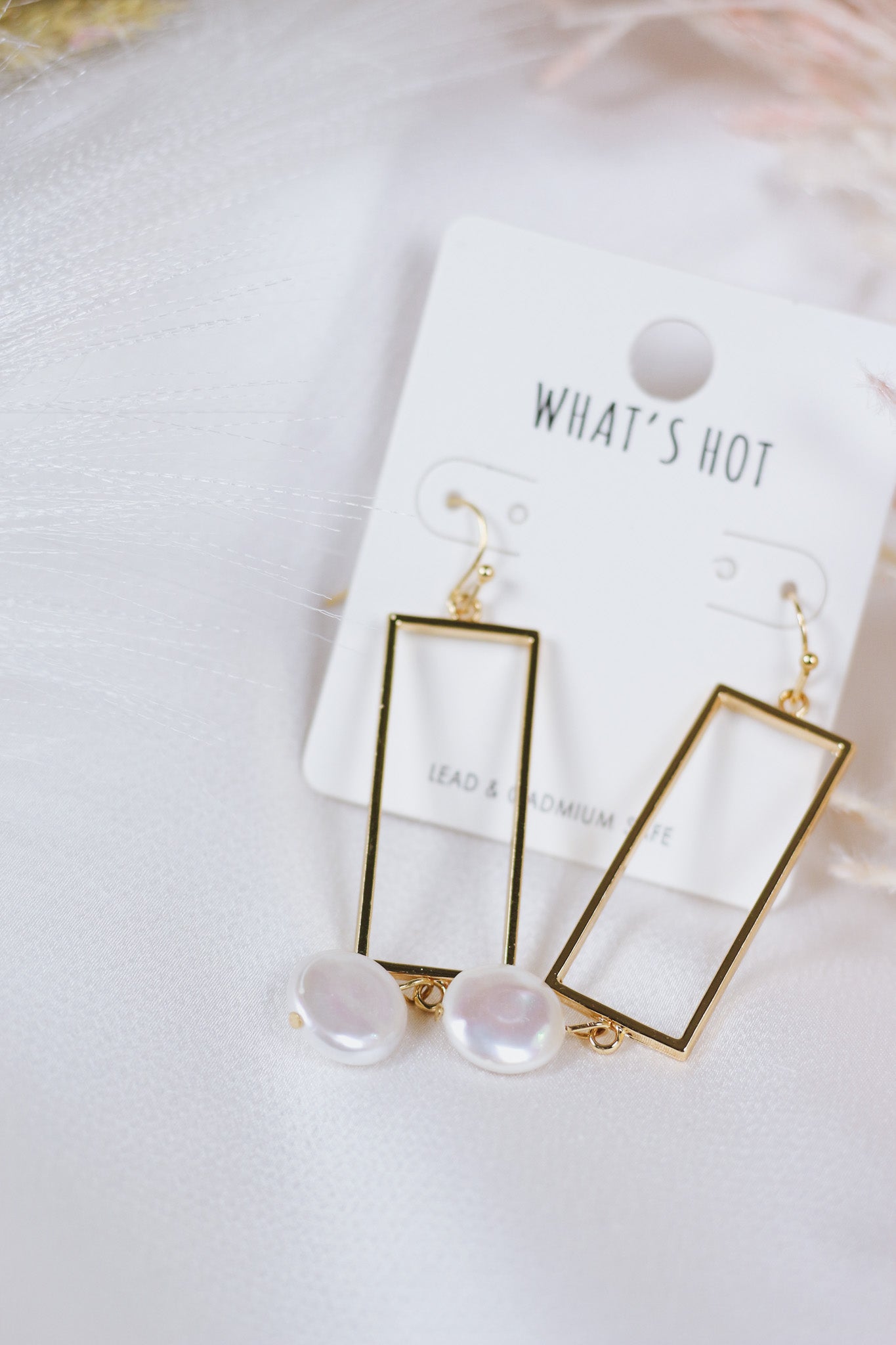 Open Gold Rectangle with Freshwater Pearl Drop 2" Earring